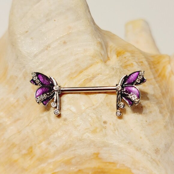 Pair of 14G bunny ends surgical steel nipple bars with pink CZ gems - Picture 1 of 6